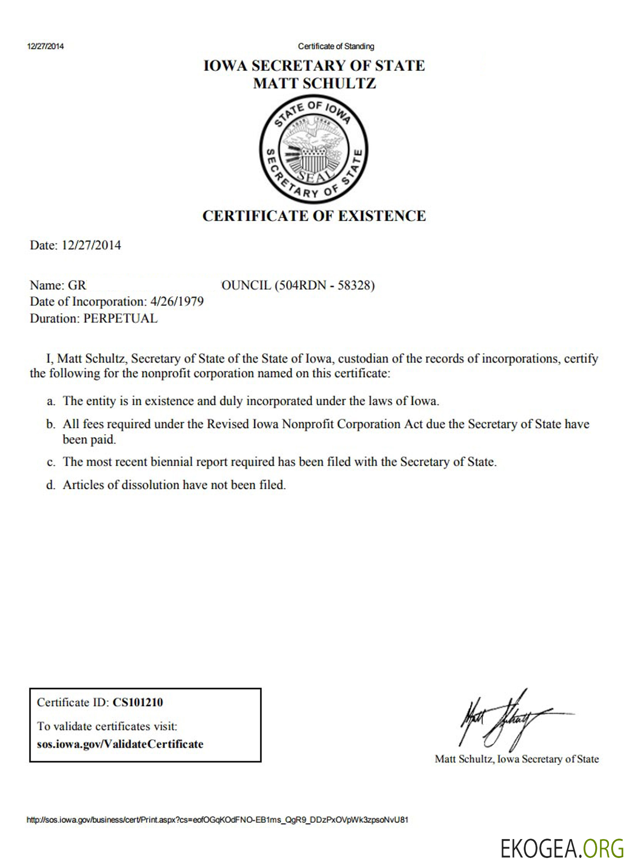 Certificat de bonne réputation des États Unis, Iowa